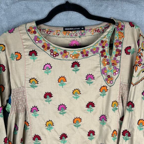 Generation Cottage Tunic Top Womens 8 Tan Embroidered Floral Smocked Modest Boho - Picture 2 of 16